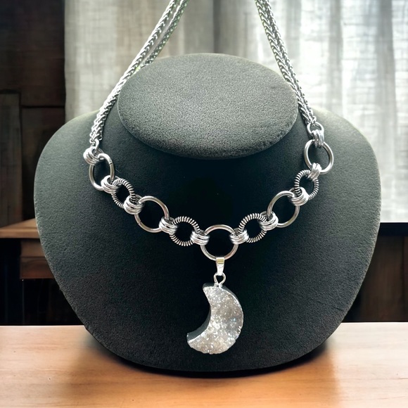 stainless steel necklace double wheat chain druzy quartz crescent moon charm - Picture 2 of 12